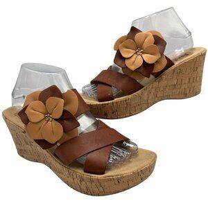 Kork-Ease Brown Leather Platform Wedge Sandals Rhea Flower Size 8 Slip On Boho